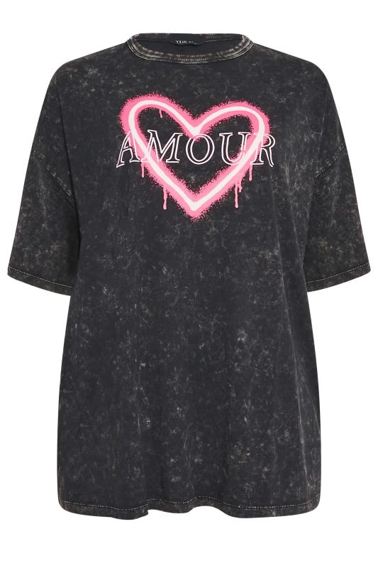 YOURS Plus Size Grey 'Amour' Slogan Acid Wash Boxy T-Shirt | Yours Clothing 6