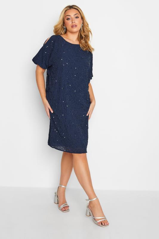 LUXE Plus Size Blue Sequin Hand Embellished Cape Dress | Yours Clothing 2