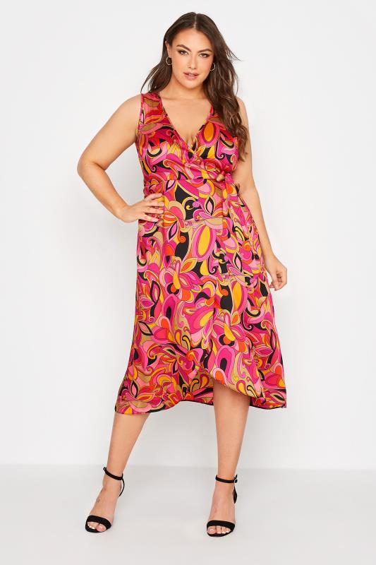 YOURS LONDON Curve Hot Pink Abstract Print Satin Wrap Dress 2