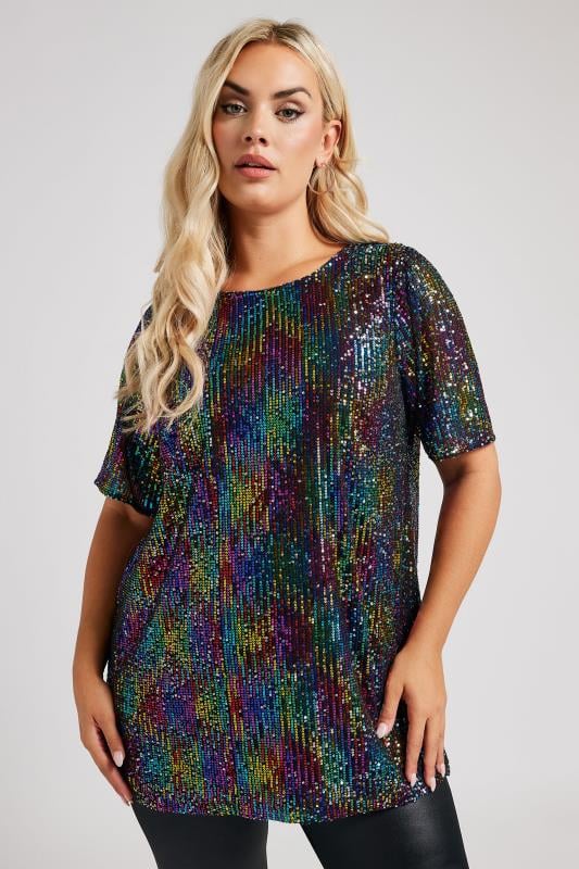 YOURS LONDON Plus Size Black Rainbow Sequin Swing Top | Yours Clothing  2