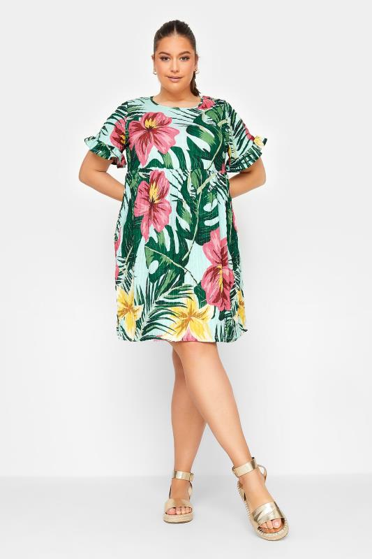 Plus Size  YOURS Curve Green Tropical Floral Print Smock Tunic Dress