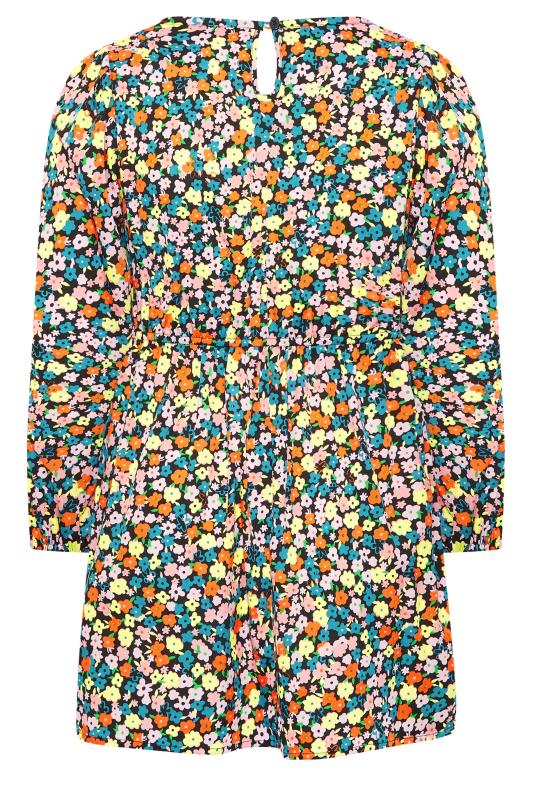 Curve Plus Size Blue & Orange Floral Balloon Sleeve Shirred Waist Peplum Top | Yours Clothing  7