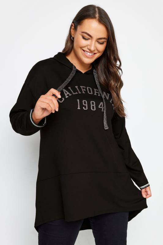 Plus Size  YOURS Curve Black 'California' Glitter Embellished Hoodie