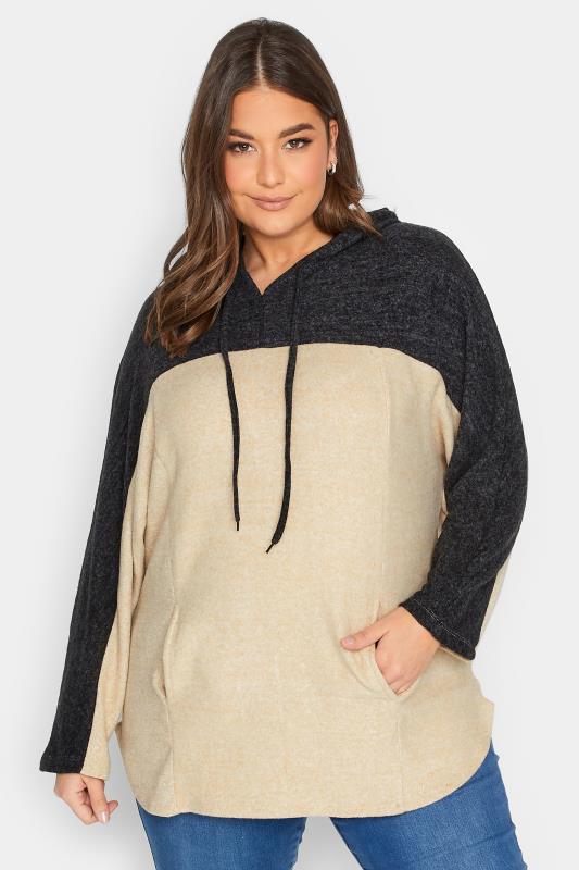 Curve Plus Size Womens Beige Brown & Black Colourblock Hoodie | Yours Clothing 1