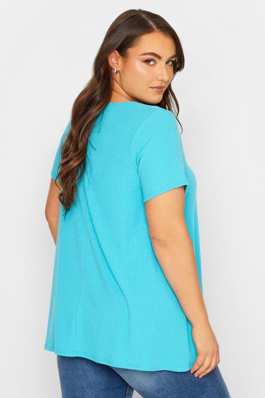 YOURS Curve Plus Size Aqua Blue Ribbed T-Shirt | Yours Clothing  3