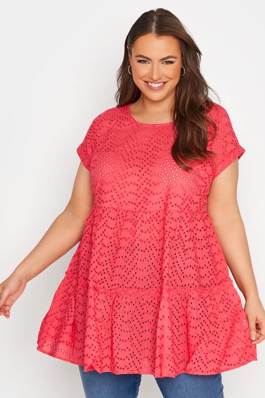 Plus Size  Curve Bright Pink Smock Tiered Tunic Top