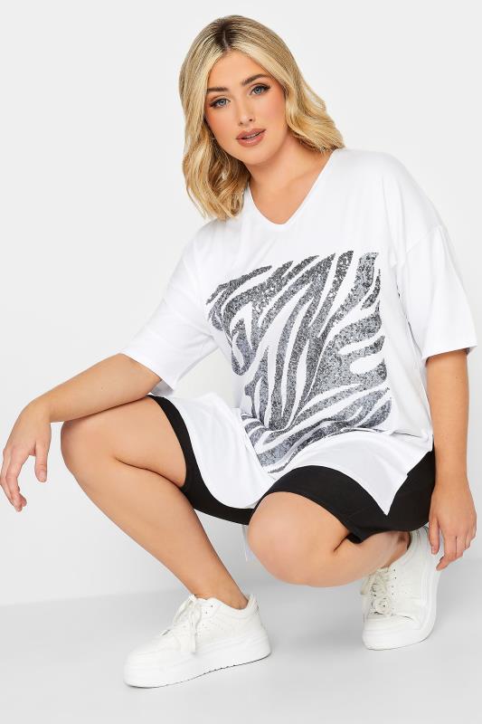 YOURS Plus Size White Zebra Print Sequin Top | Yours Clothing 1