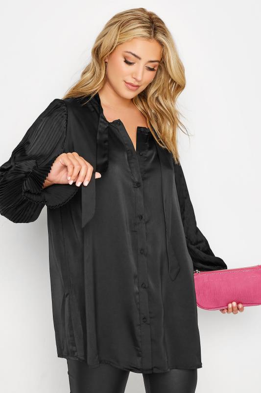 YOURS LONDON Plus Size Black Satin Pleated Bow Blouse | Yours Clothing 3
