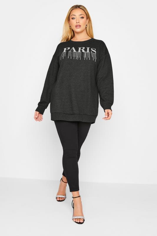 YOURS LUXURY Plus Size Charcoal Grey 'Paris' Diamante Embellished Sweatshirt | Yours Clothing 4