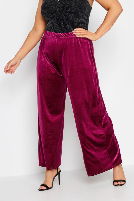 Plus Size Burgundy Red Wide Leg Stretch Velvet Trousers | Yours Clothing 1