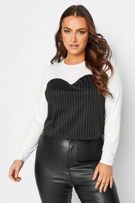 LIMITED COLLECTION Plus Size White Pinstripe Sweetheart Neck Crop T-Shirt | Yours Clothing 1