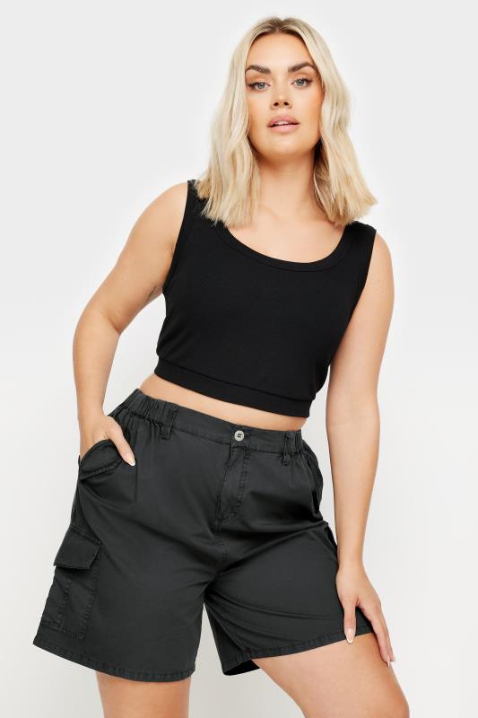 YOURS Plus Size Black Cotton Cargo Shorts | Yours Clothing 1