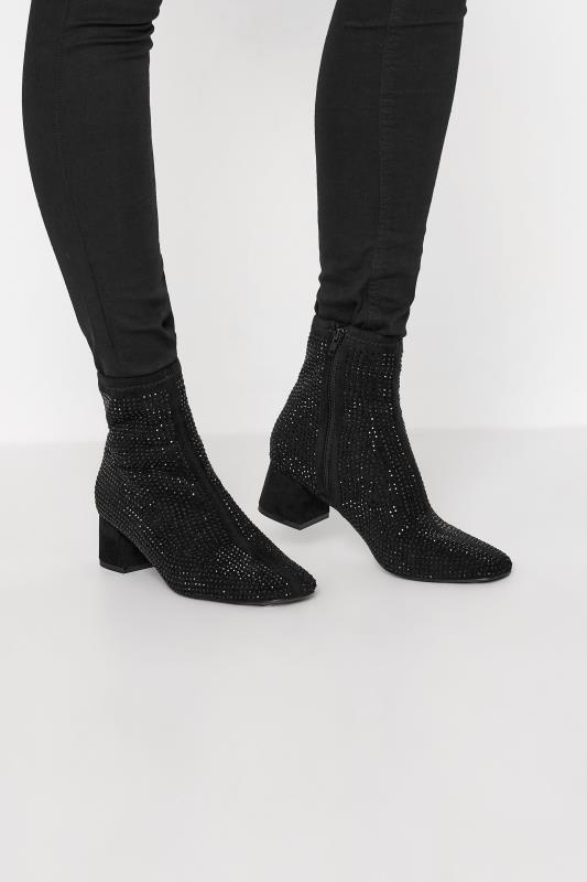  dla puszystych LTS Black Diamante Block Heel Boots In Standard D Fit
