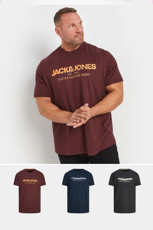 JACK & JONES Big & Tall Wine Red & Navy 3 Pack T-Shirts | BadRhino 1