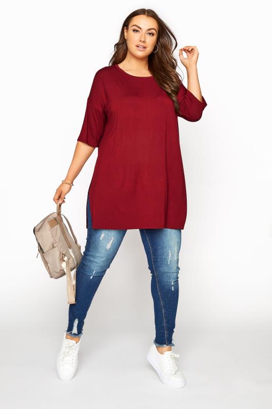 Plus Size Wine Red Oversized Jersey T-Shirt | Yours Clothing 2