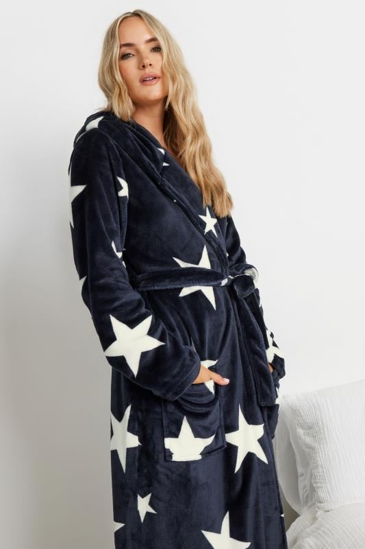 LTS Tall Navy Blue Star Print Hooded Dressing Gown | Long Tall Sally 4