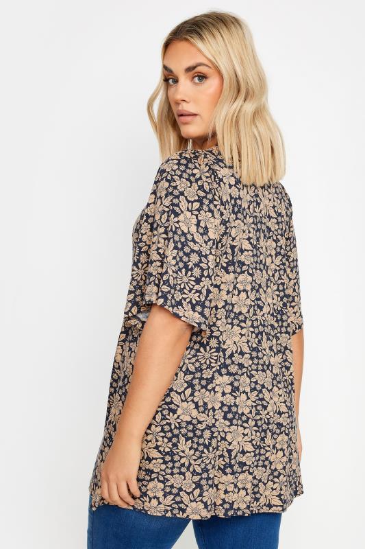 YOURS Curve Navy Blue Floral Print Pleated Swing Top | Yours Clothing 3