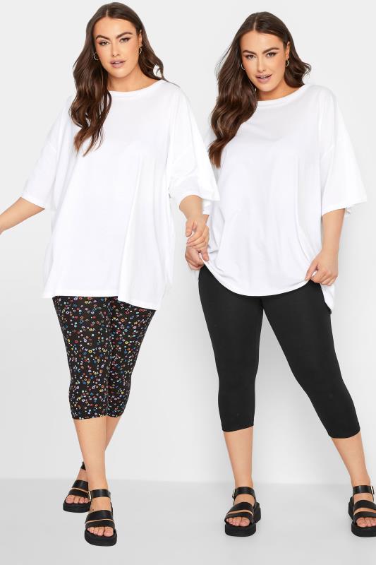 YOURS 2 PACK Plus Size Black Ditsy Floral Cropped Leggings | Yours Clothing 1