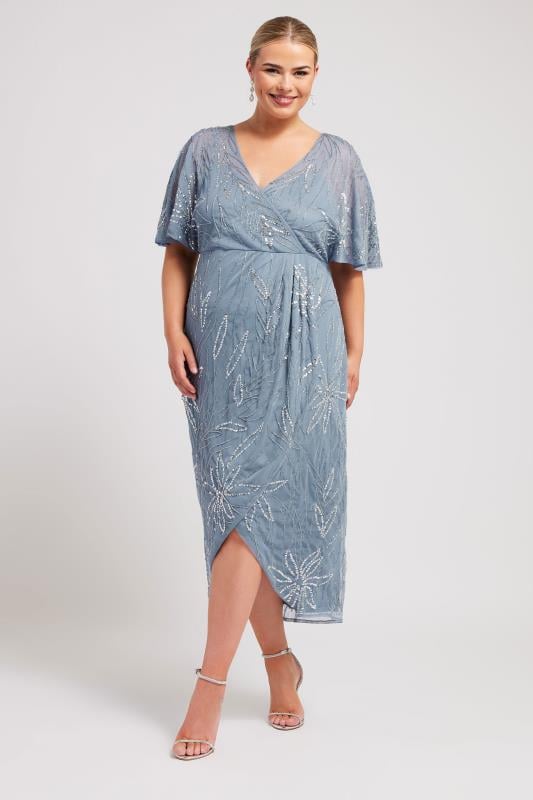  LUXE Curve Blue Embellished Wrap Midi Dress