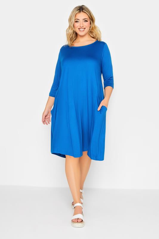 YOURS Plus Size Cobalt Blue Drape Pocket Dress | Yours Clothing 1