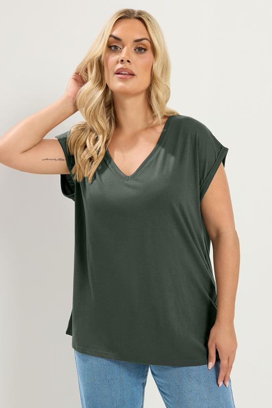  YOURS Curve Khaki Green V-Neckline T-Shirt
