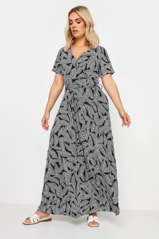 YOURS Plus Size Black Leaf Print Tie Maxi Dress | Yours Clothing 1
