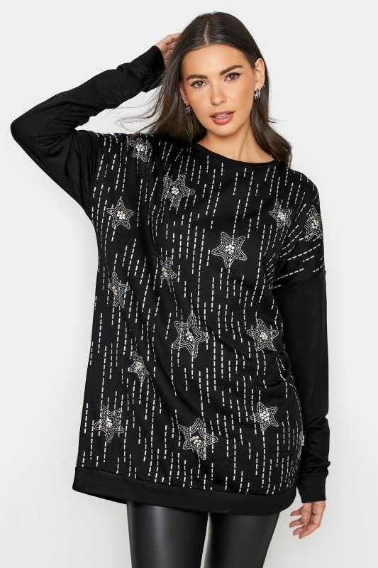 LTS Tall Black Diamante Embellished Star Sweatshirt 1