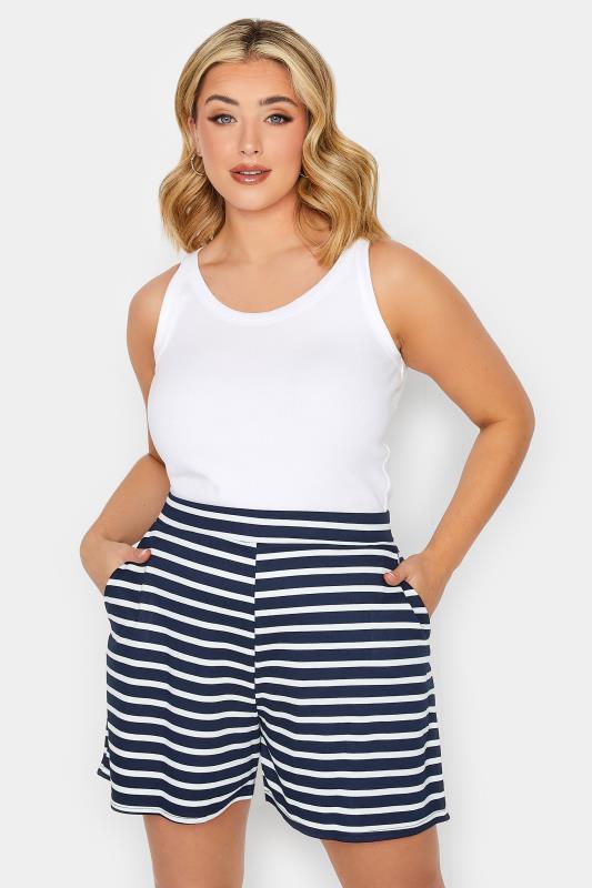 Plus Size  YOURS PETITE Curve Navy Blue Stripe Print Shorts