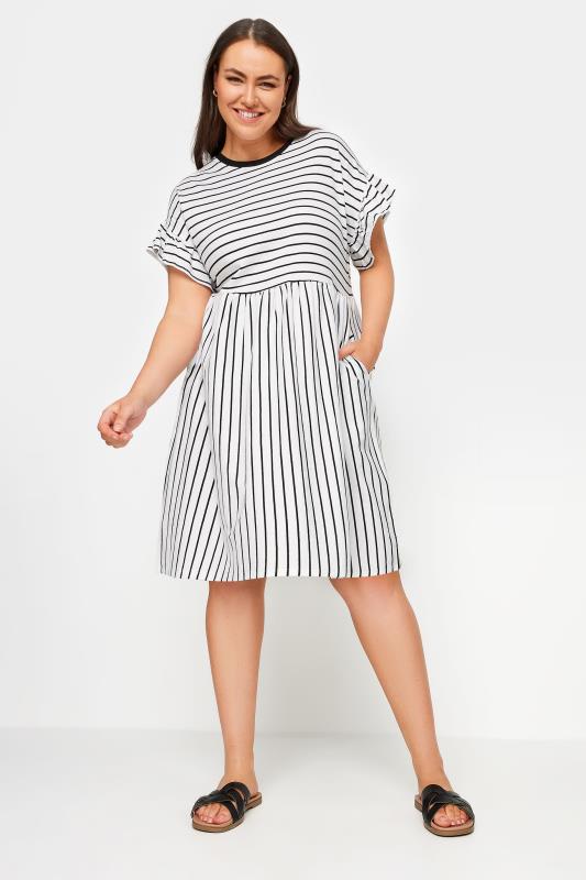  Grande Taille YOURS Curve Black & White Stripe Frill Sleeve Smock Tunic Dress