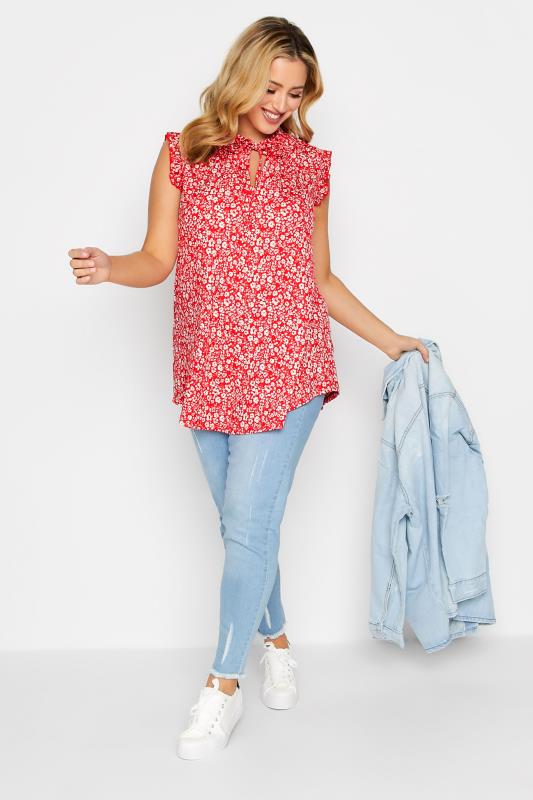 YOURS Plus Size Red Floral Print Frill Sleeve Blouse | Yours Clothing 2