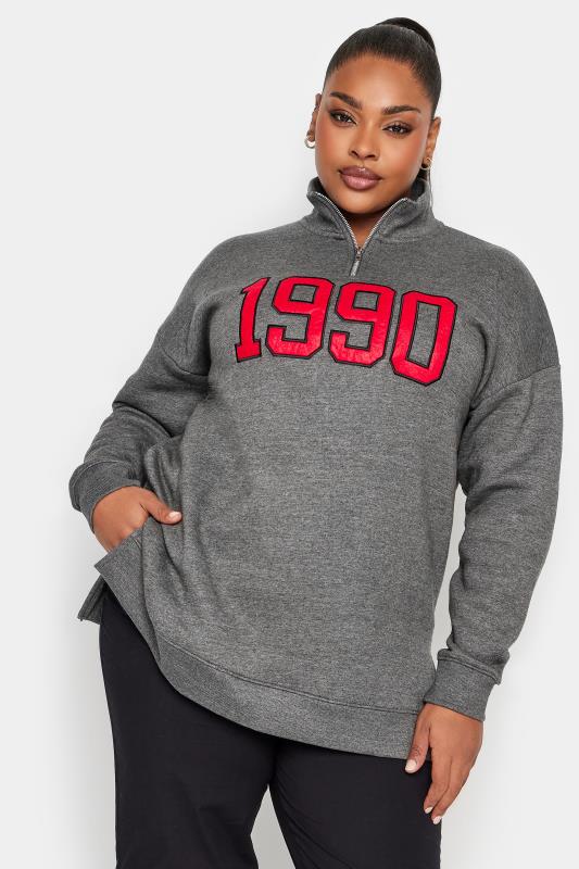 YOURS Plus Size Grey '1990' Quarter Zip Sweatshirt | Yours Clothing 3
