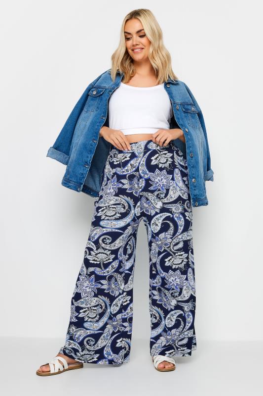 YOURS Plus Size Blue Paisley Print Wide Leg Trouser | Yours Clothing 2