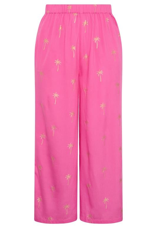 YOURS Plus Size Pink Foil Palm Tree Beach Trousers | Yours Clothing 5