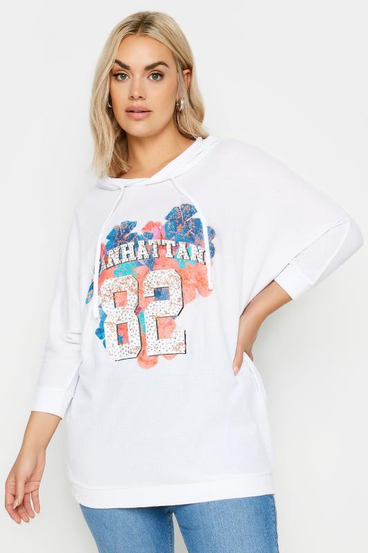 YOURS Plus Size White 'Manhattan' Slogan Hoodie | Yours Clothing 1