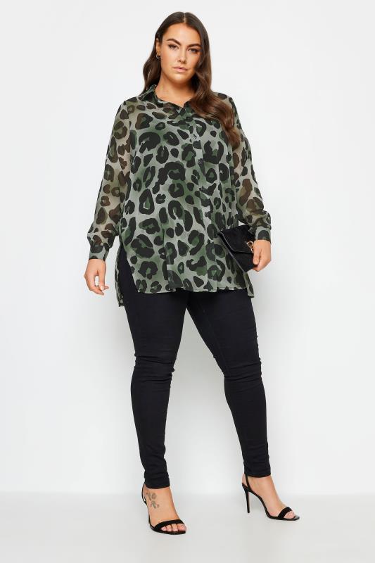 YOURS LONDON Plus Size Green Leopard Print Longline Shirt | Yours Clothing 2