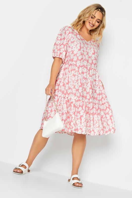 YOURS Plus Size Pink Floral Print Tiered Midi Dress | Yours Clothing 2