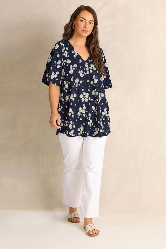 EVANS Plus Size Navy Blue Daisy Pleat Front Top | Evans 1