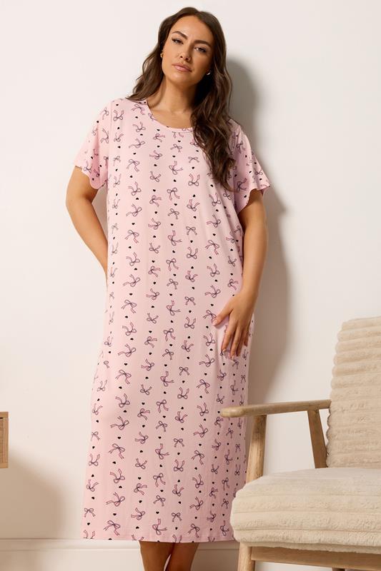 YOURSET Plus Size 2 PACK Pink Bow & Heart Print Midaxi Nightdresses | Yours Clothing 2