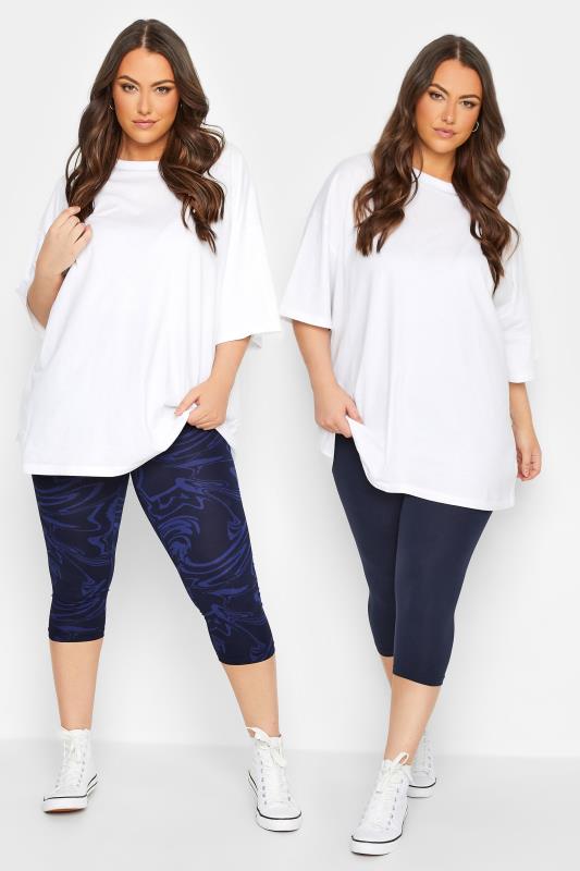YOURS 2 PACK Plus Size Navy Blue Swirl Print Cropped Leggings | Yours Clothing 1