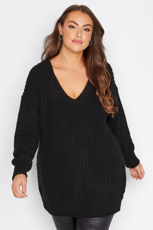 Plus Size Curve Black V-Neck Knitted Jumper | Yours Clothing 1