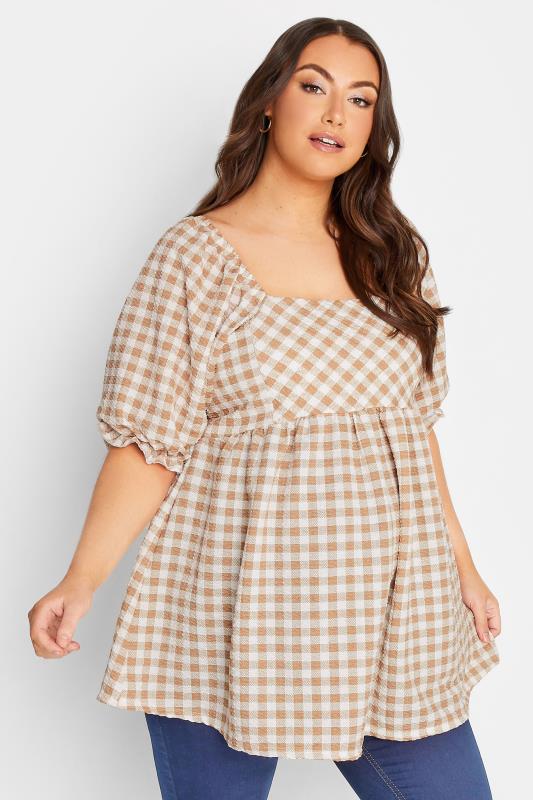 Plus Size BUMP IT UP MATERNITY White & Beige Brown Gingham Square Neck Top | Yours Clothing 1