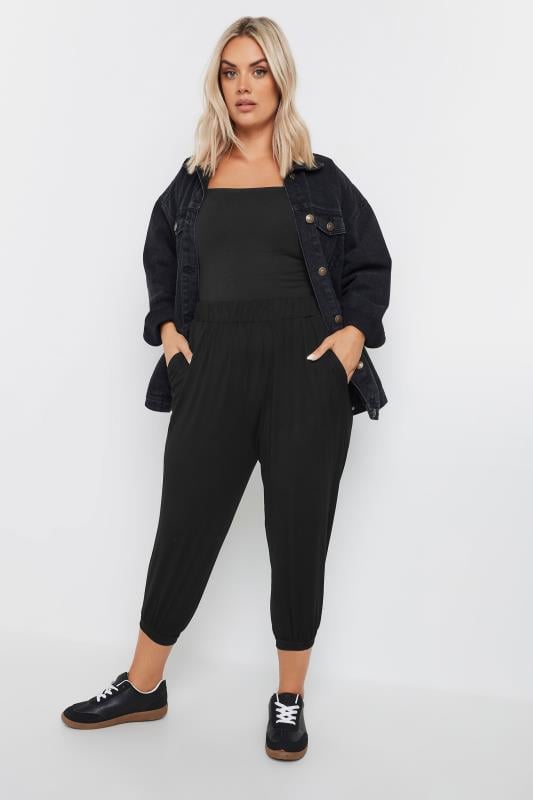 Plus Size Black Cropped Jersey Harem Joggers | Yours Clothing 2