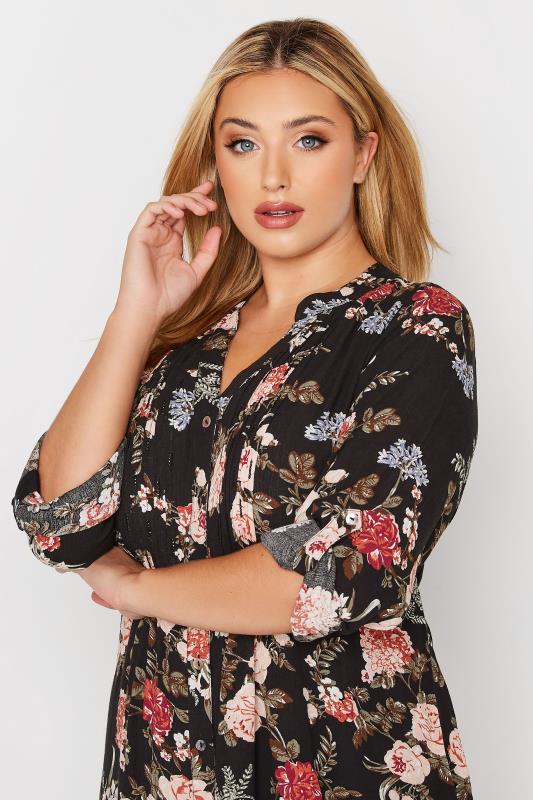 Plus Size Black Floral Print Pintuck Shirt | Yours Clothing 4