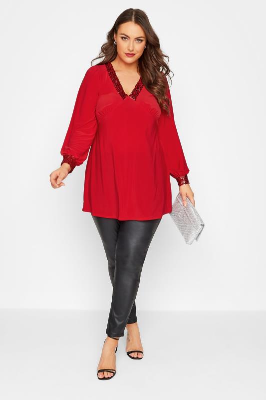 YOURS LONDON Plus Size Red Sequin Trim Top | Yours Clothing 2