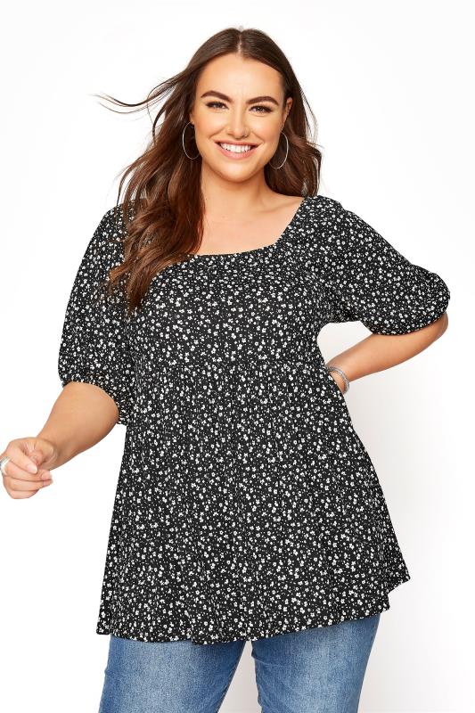 Black Floral Balloon Sleeve Peplum Tunic | Yours Clothing