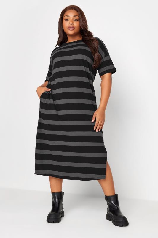 YOURS Plus Size Black Stripe Print Oversized Midaxi T-Shirt Dress | Yours Clothing 2