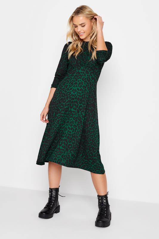 Petite Womens Dark Green Leopard Print Midi Dress | PixieGirl 2