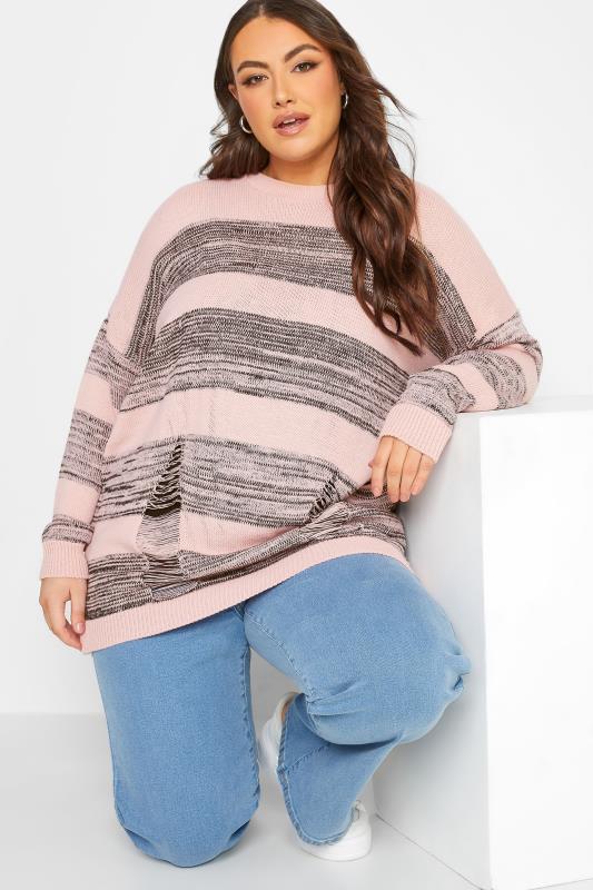YOURS Plus Size Curve Light Pink Stripe Distressed Jumper | Yours Clothing  4