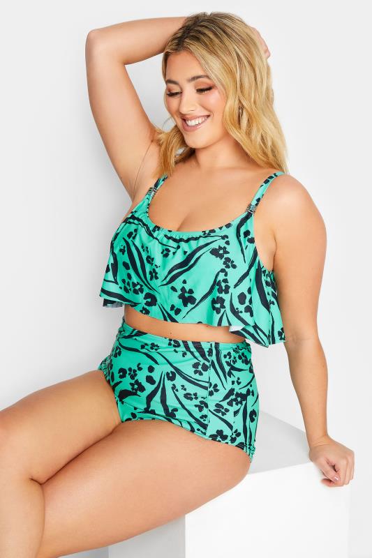 YOURS Curve Plus Size Turquoise Green Animal Print Bikini Top | Yours Clothing 1
