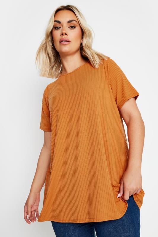 YOURS Plus Size Orange Ribbed Short Sleeve T-Shirt | Yours Clothing 1